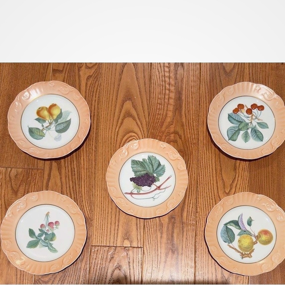 Mottahedeh Vista Alegre Summer Fruit 8" Dessert Plates Set of 5 Salmon Rim Vtg